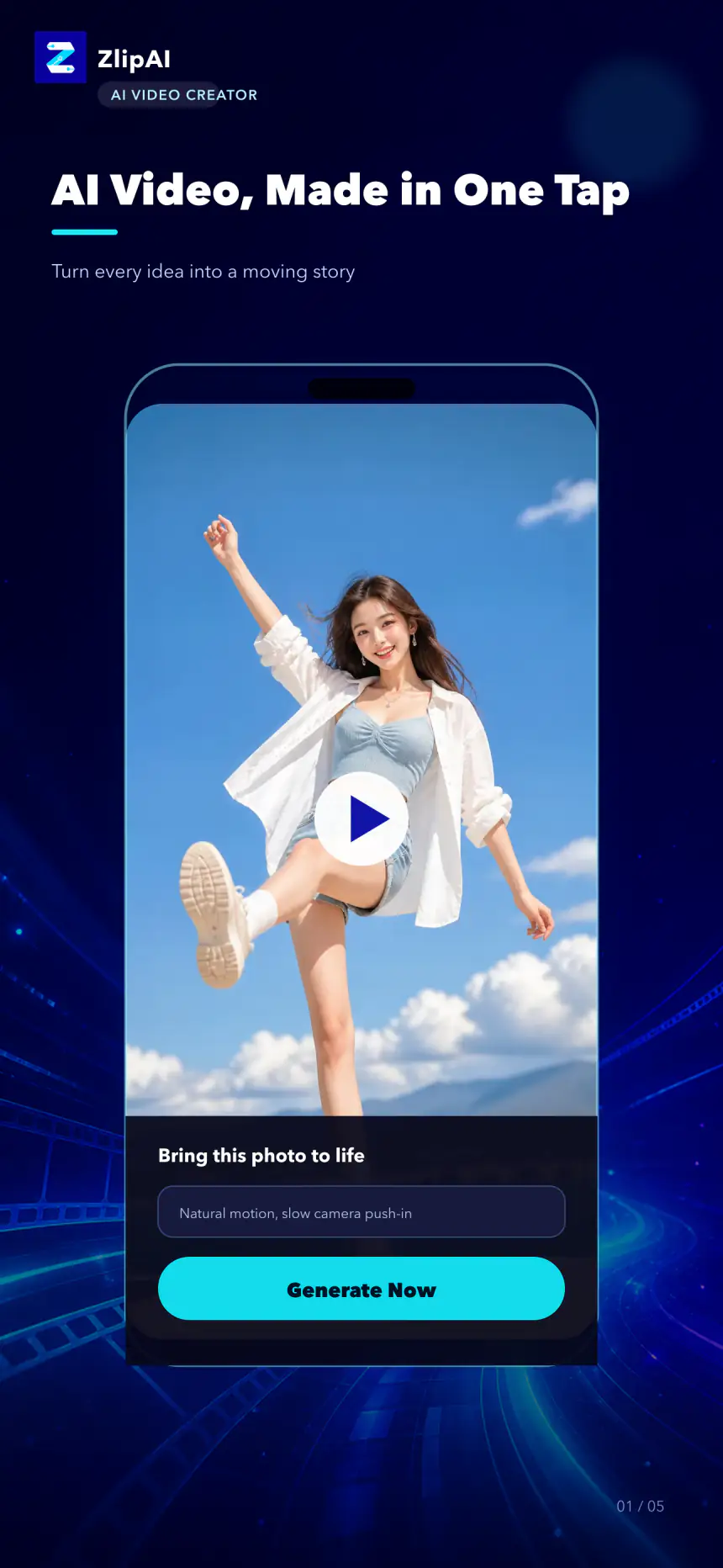 ZlipAI one-tap AI video generation screen