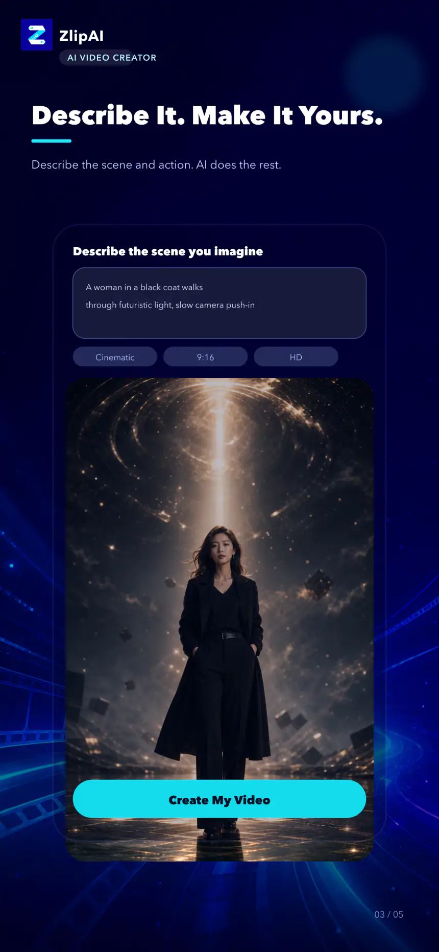 ZlipAI prompt-to-video creation screen